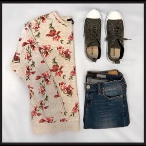 Forever 21 Cream Floral Long Sleeve Top